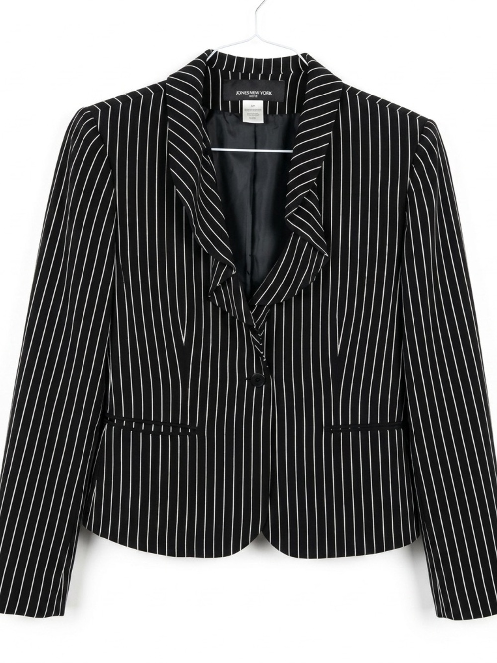 Jones New York Black & White Pinstripe Ruffle Collar Blazer